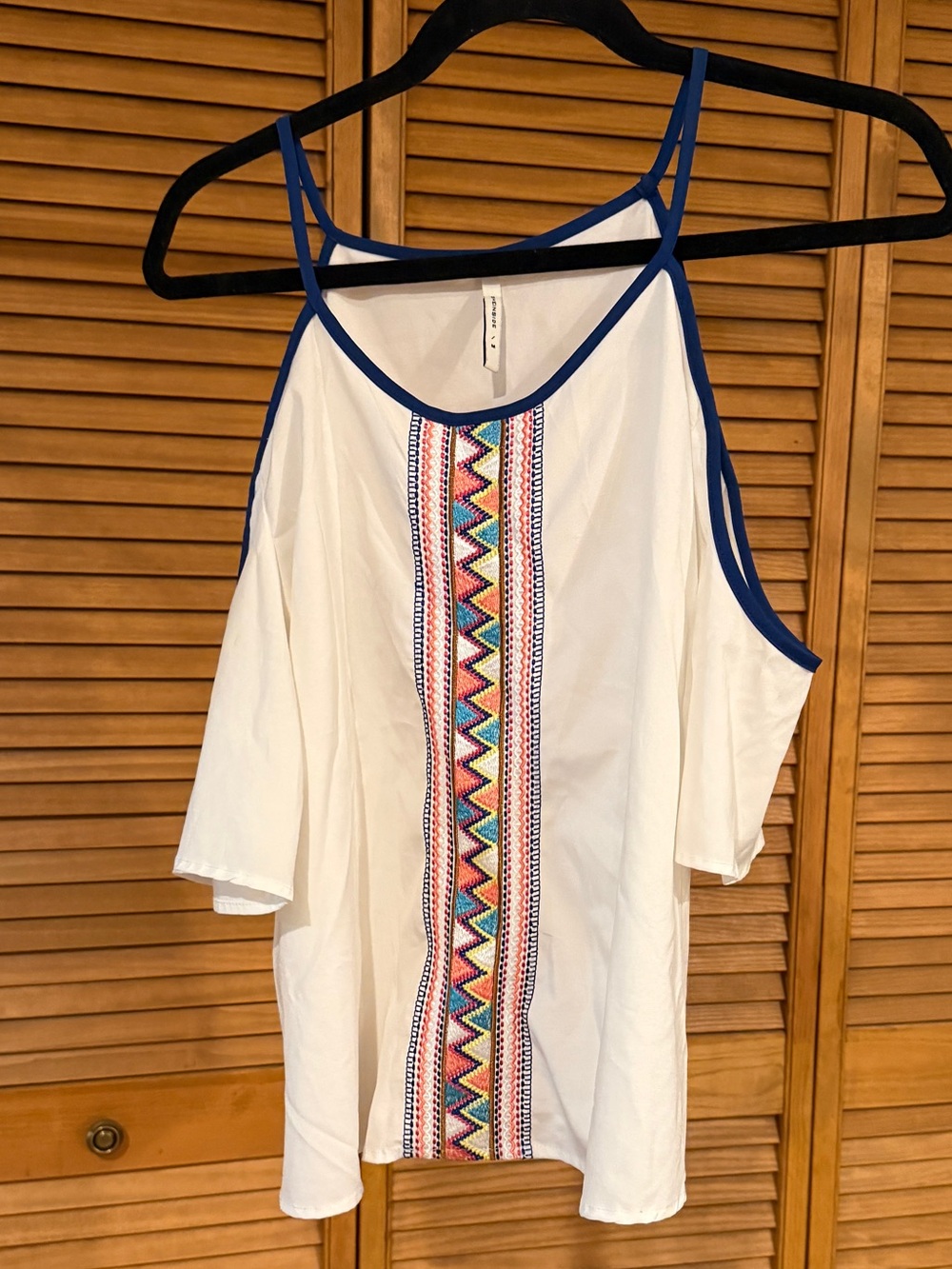 White Cold-Shoulder Camisole with Blue Trim and Colorful Embroidery